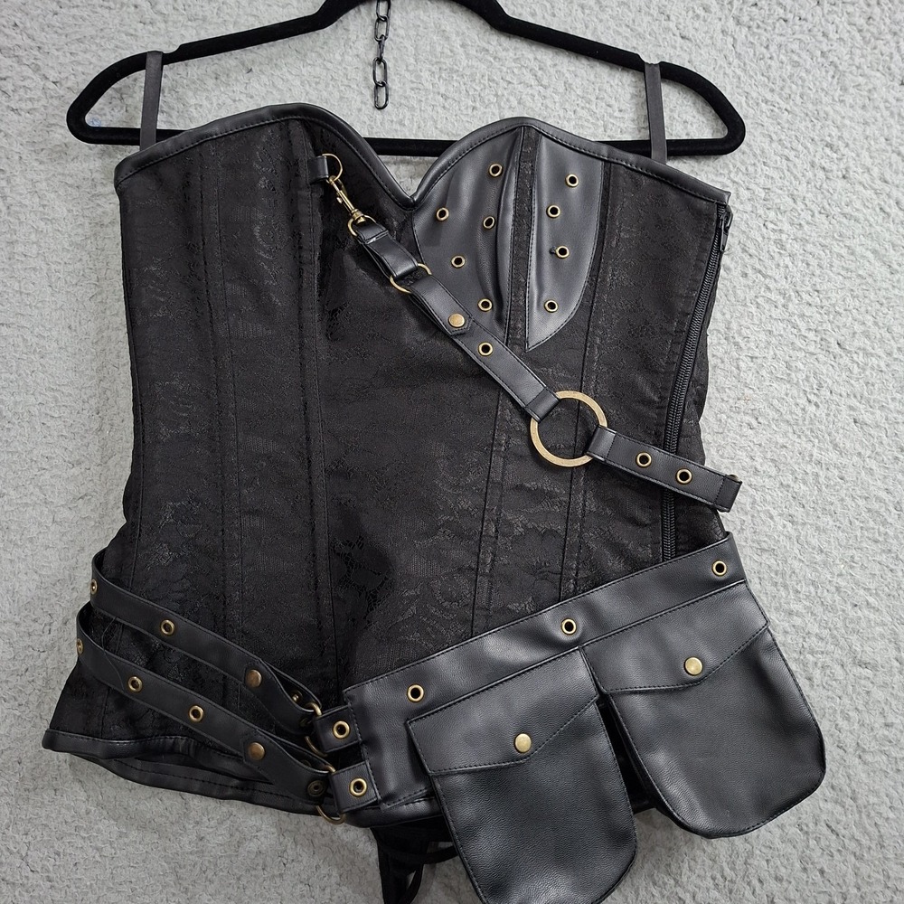 Black Jacquard Overbust Corset Steampunk Warrior Princess Punk Goth Large Metal